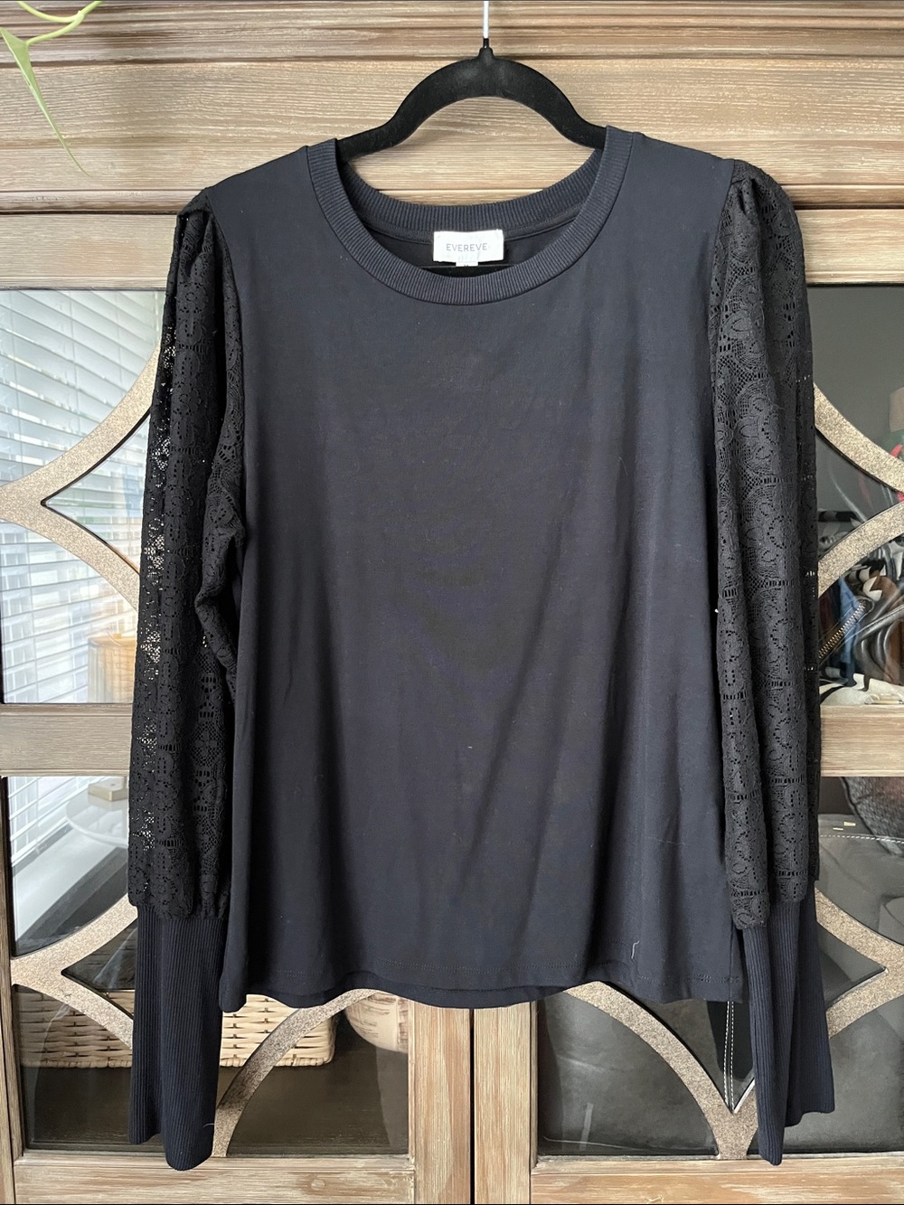 Evereve Black Long Sleeve Top with Lace Sleeves